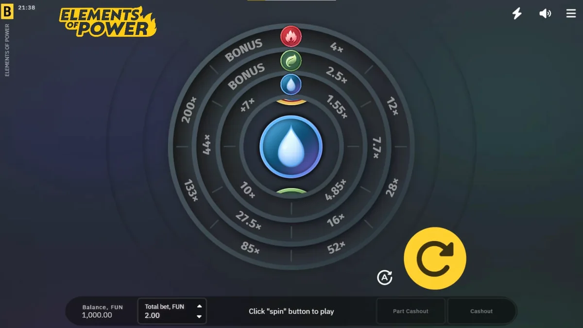 Tampilan antarmuka permainan slot Elements of Power dengan elemen alam yang bercahaya