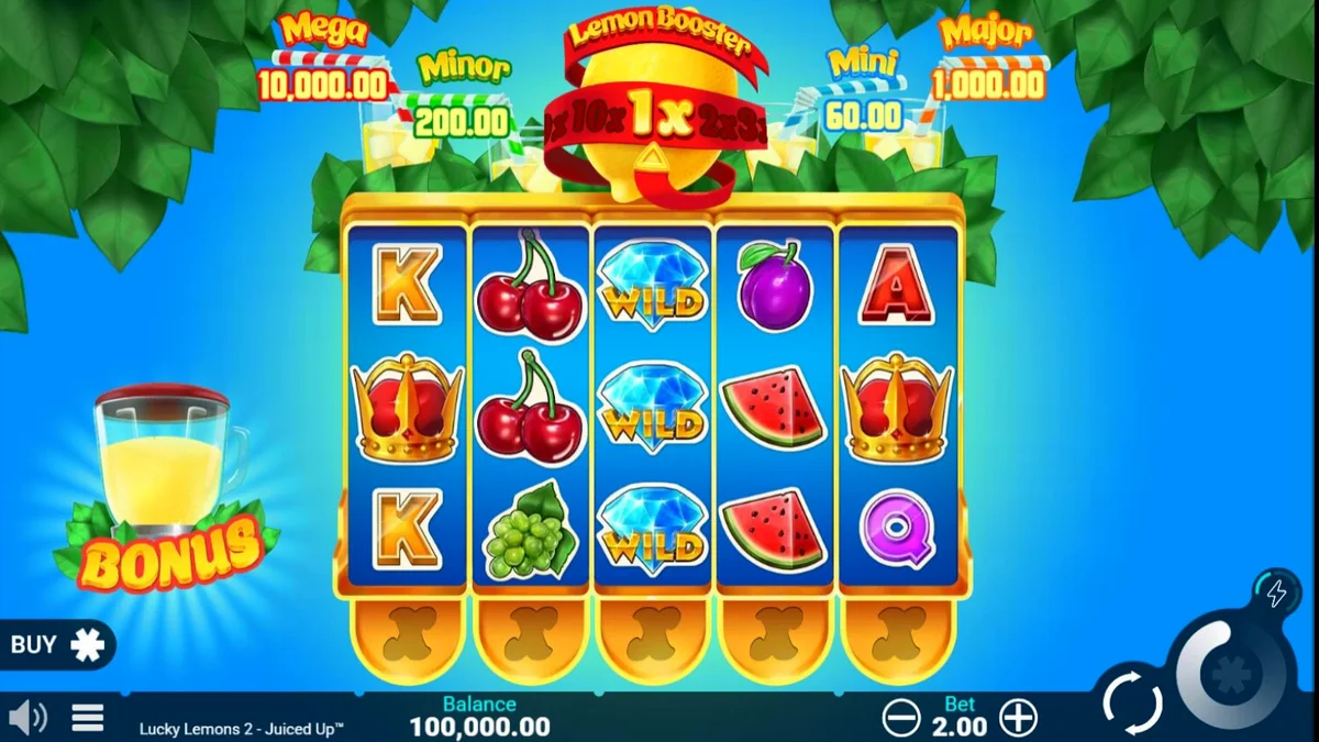 Tampilan visual slot Lucky Lemons 2 Juiced Up dengan tema buah pop-art yang cerah